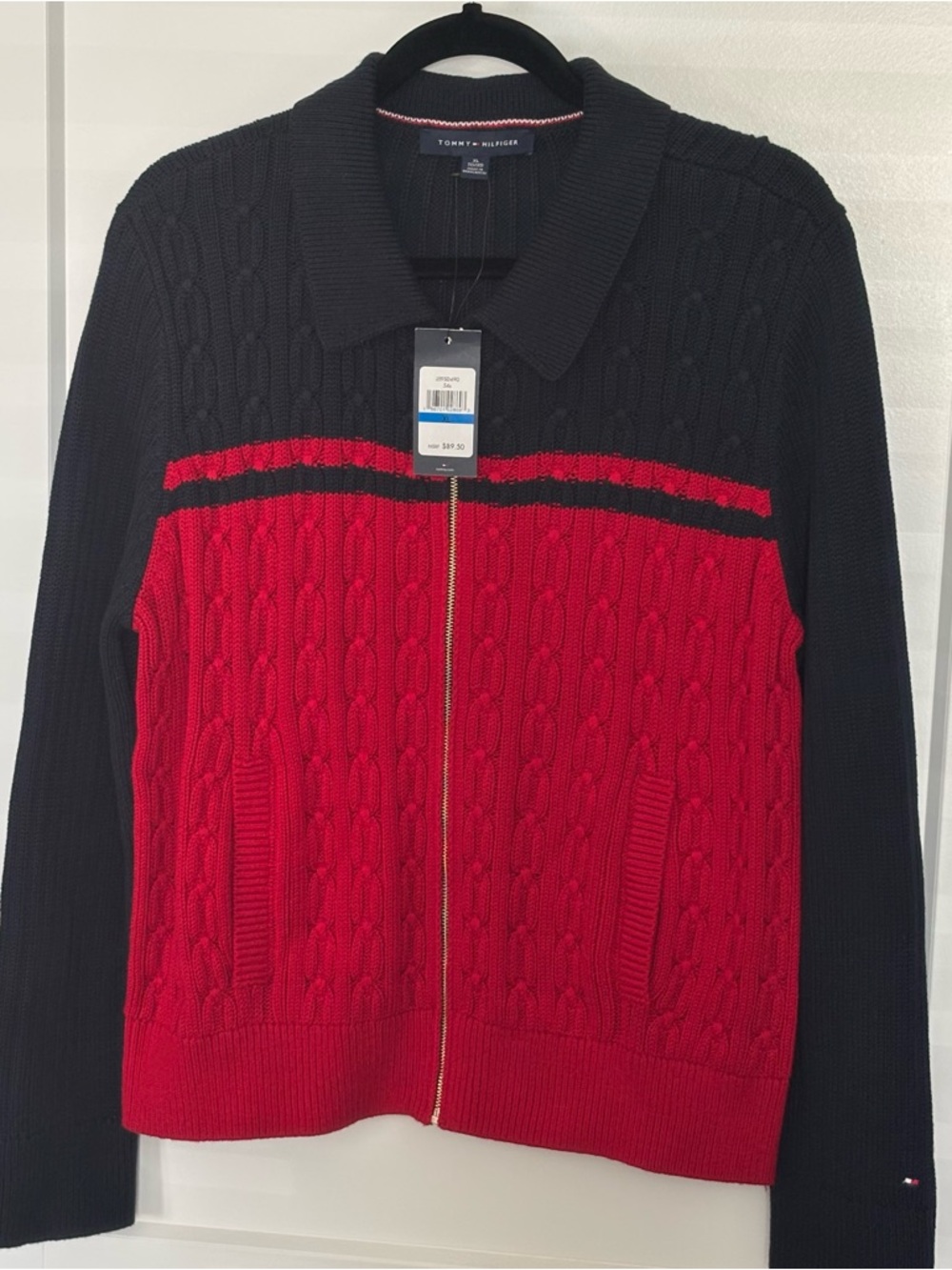 NEW TOMMY HILFIGER CABLE KNIT RED & NAVY WOMENS CARDIGAN  SWEATER.  SZ XL